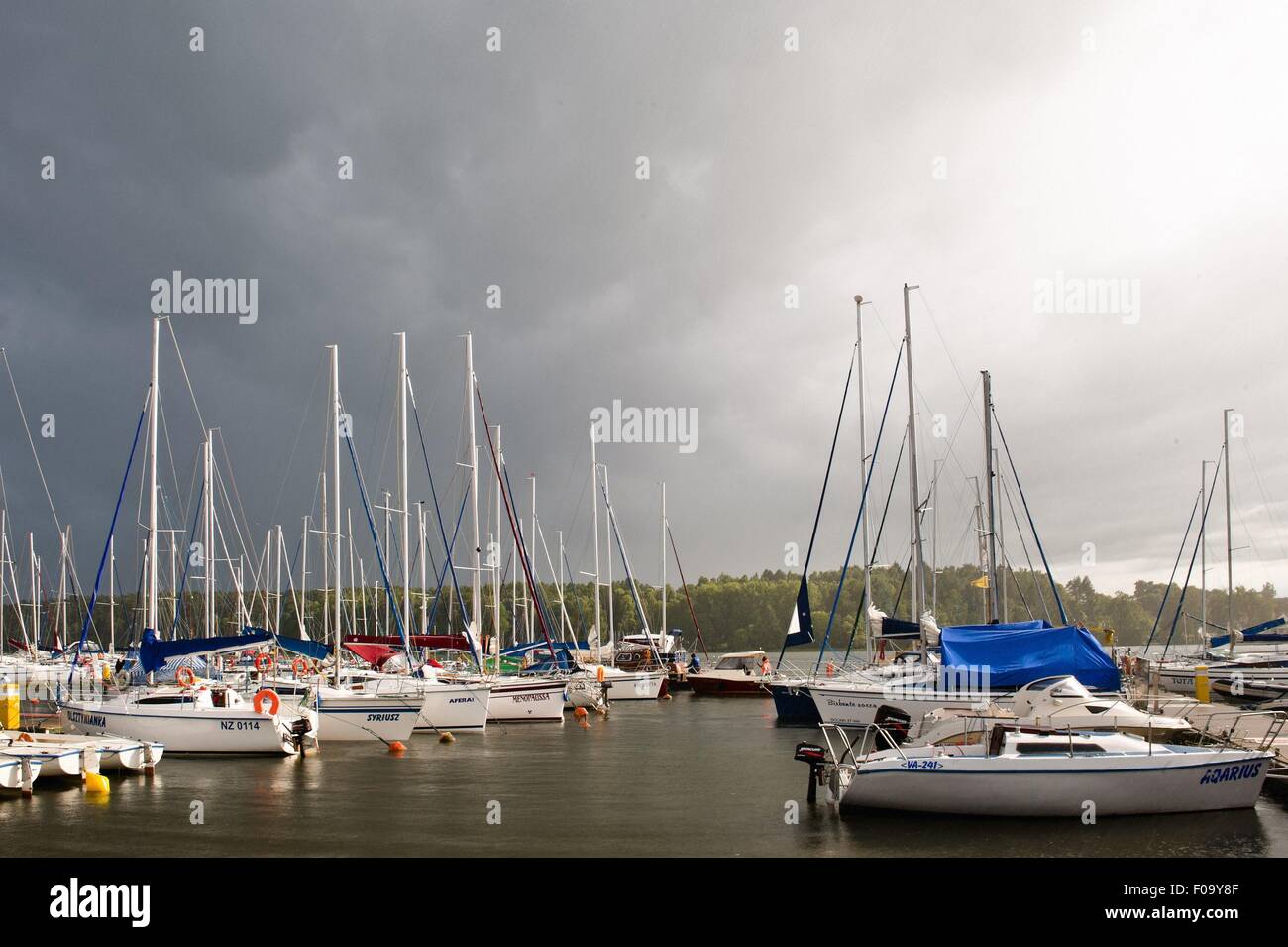 Boats moored at marina in Mikolajki, Warmia-Masuria, Poland Stock Photo