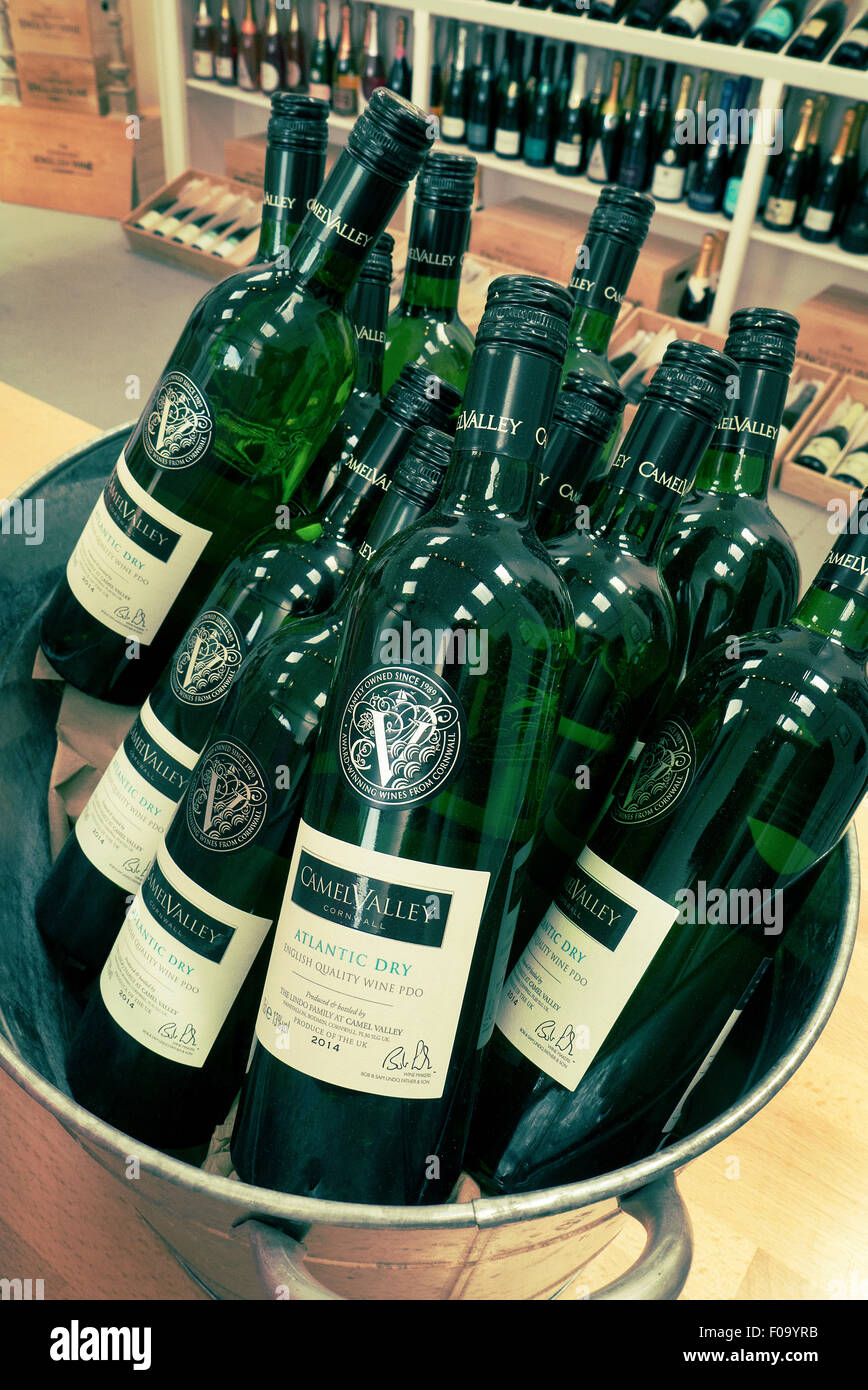Display of Camel Valley Atlantic Dry white English wine at a specialist wine store Stock Photo