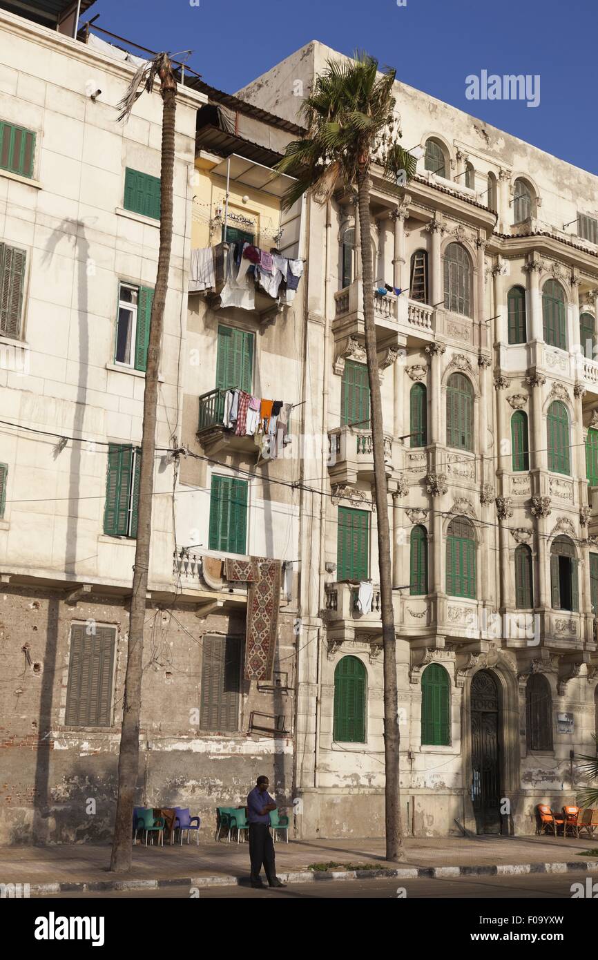 Houses and street in front of Corniche, Alexandria, Egypt Stock Photo