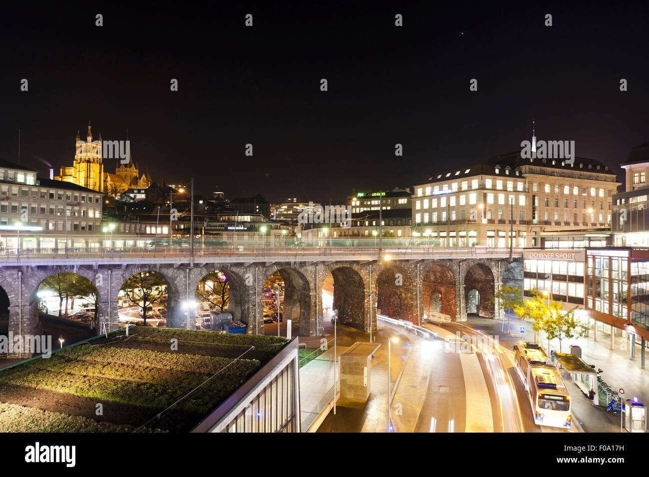 Illuminated view of bridge Europe, Grand-Pont, Lausanne, Switzerland Stock Photo