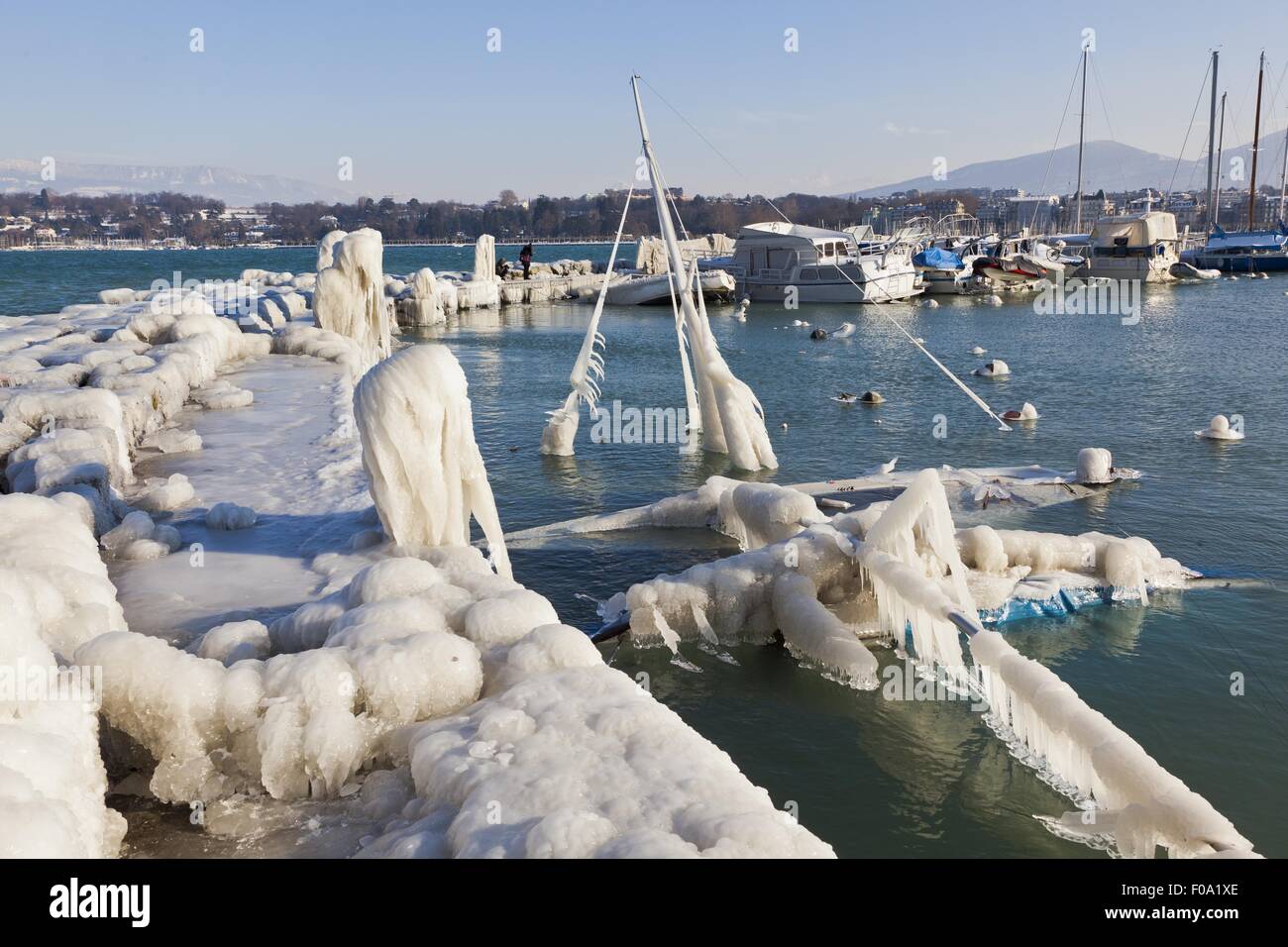 View of harbor with ice in Lake Geneva, Geneva, Switzerland Stock Photo