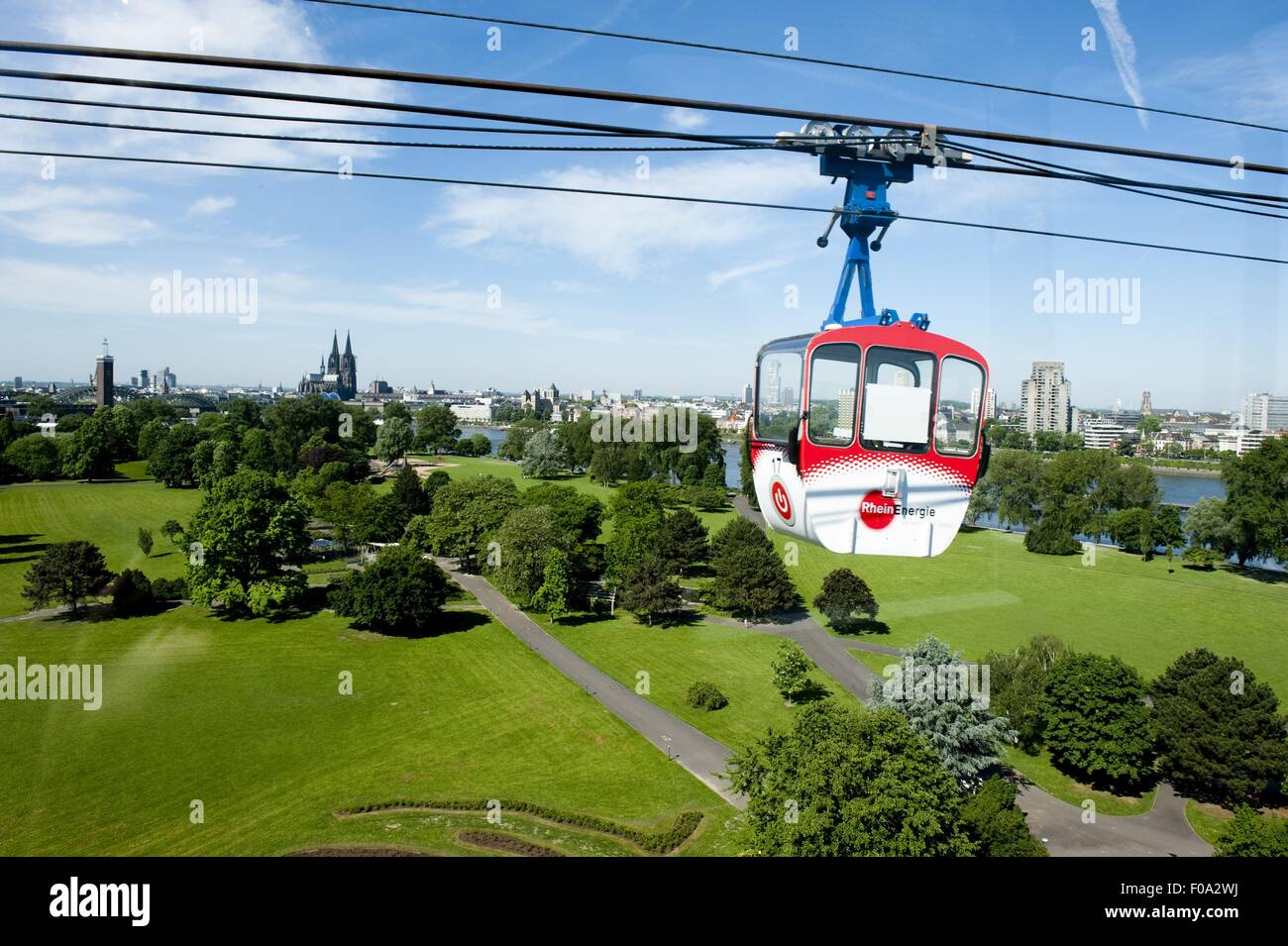 View of city and cable car in Rheinpark, Cologne, Germany Stock Photo
