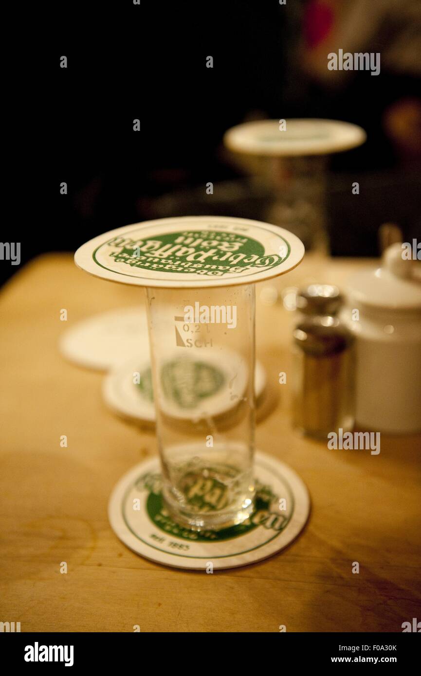 Close-up of empty beer glass in Restaurant Lommerzheim, Deutz, Cologne, Germany Stock Photo