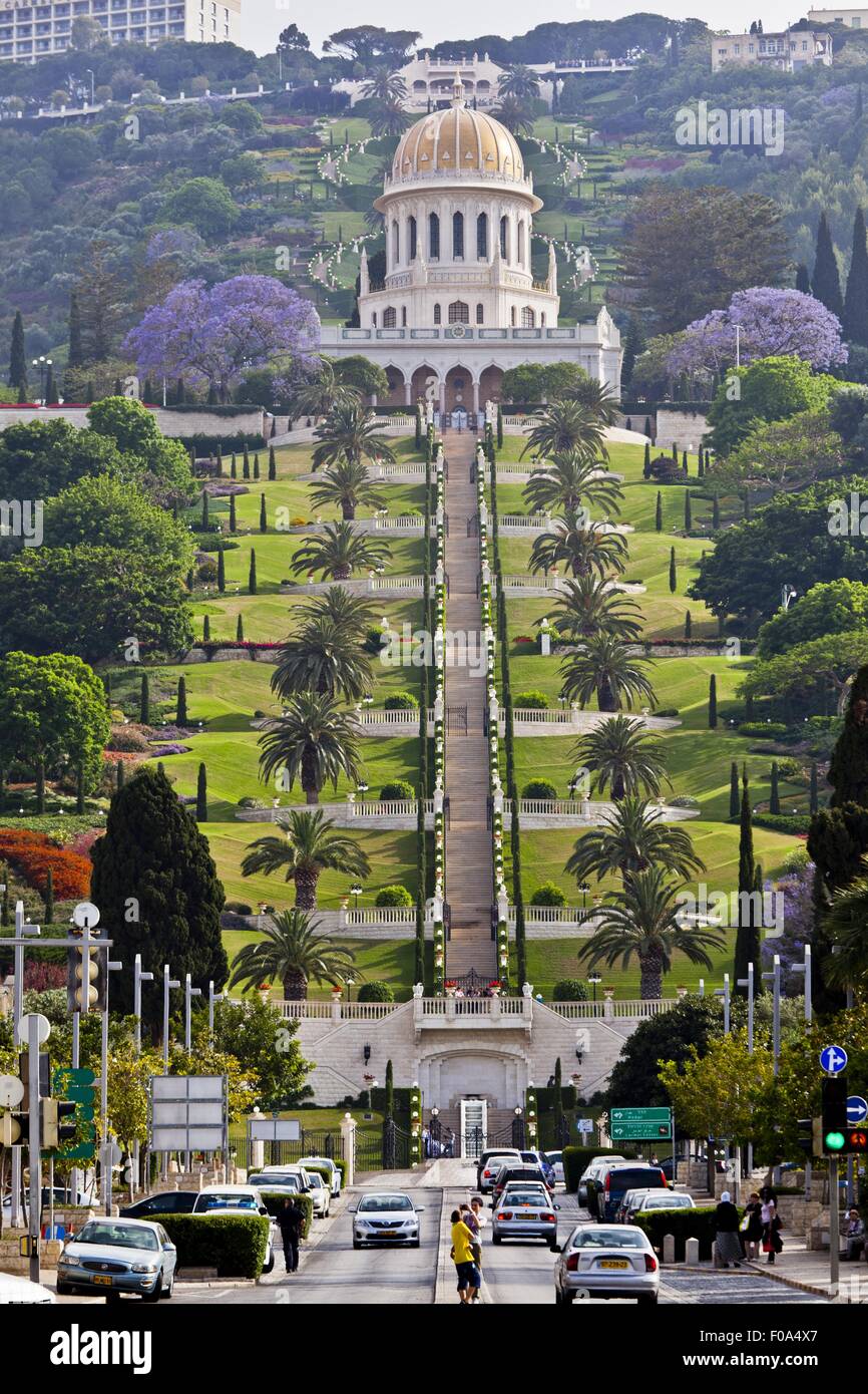 View of Shrine dome with steps and palm trees at Bahai Garden, Haifa, Israel Stock Photo