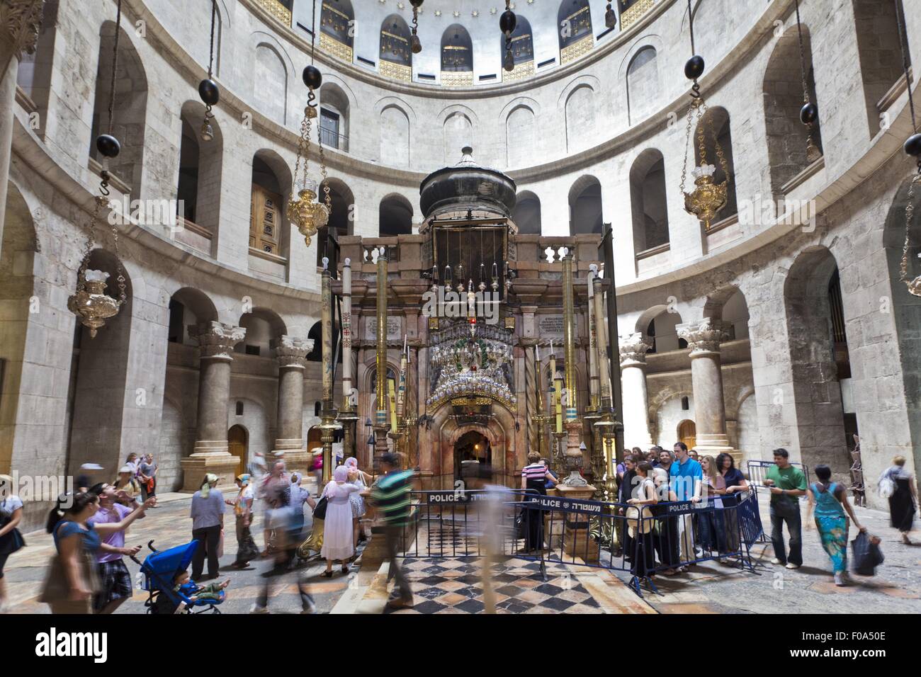 View of pilgrims at Holy Sepulcher and Chapel of Angels, Jerusalem, Israel Stock Photo