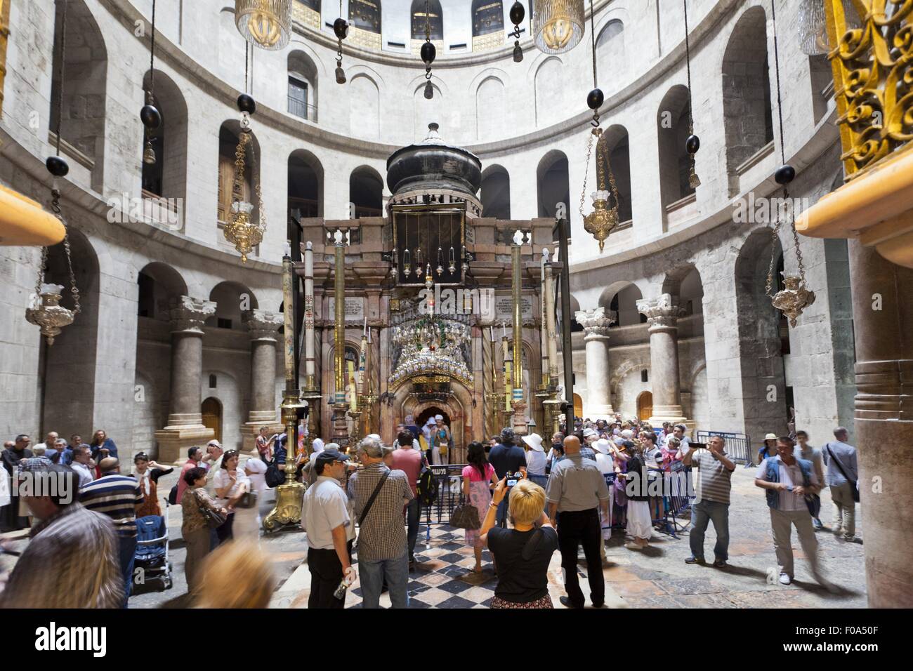 View of pilgrims at Holy Sepulcher and Chapel of Angels, Jerusalem, Israel Stock Photo