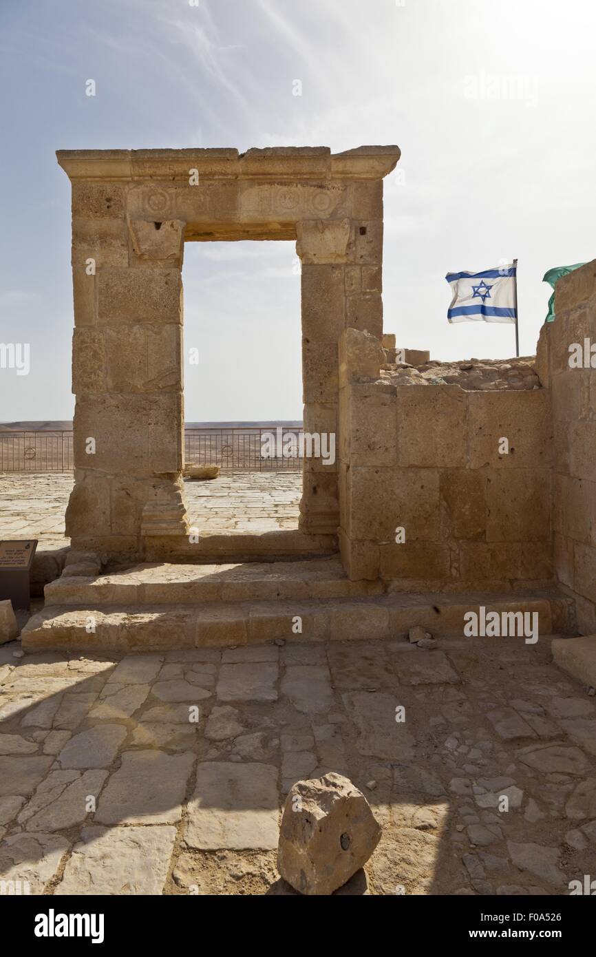 View of ruin of church with Israel flag, Avdat National Park, Negev, Israel Stock Photo