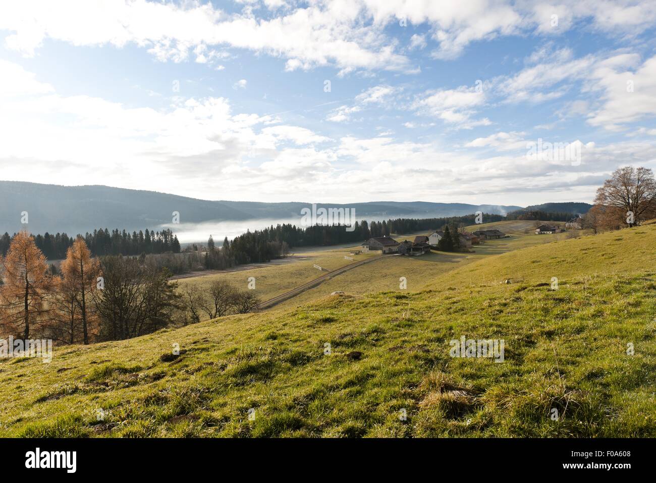 View of watch making town Le Sentier in Vallee de Joux, Lake Geneva, Switzerland Stock Photo