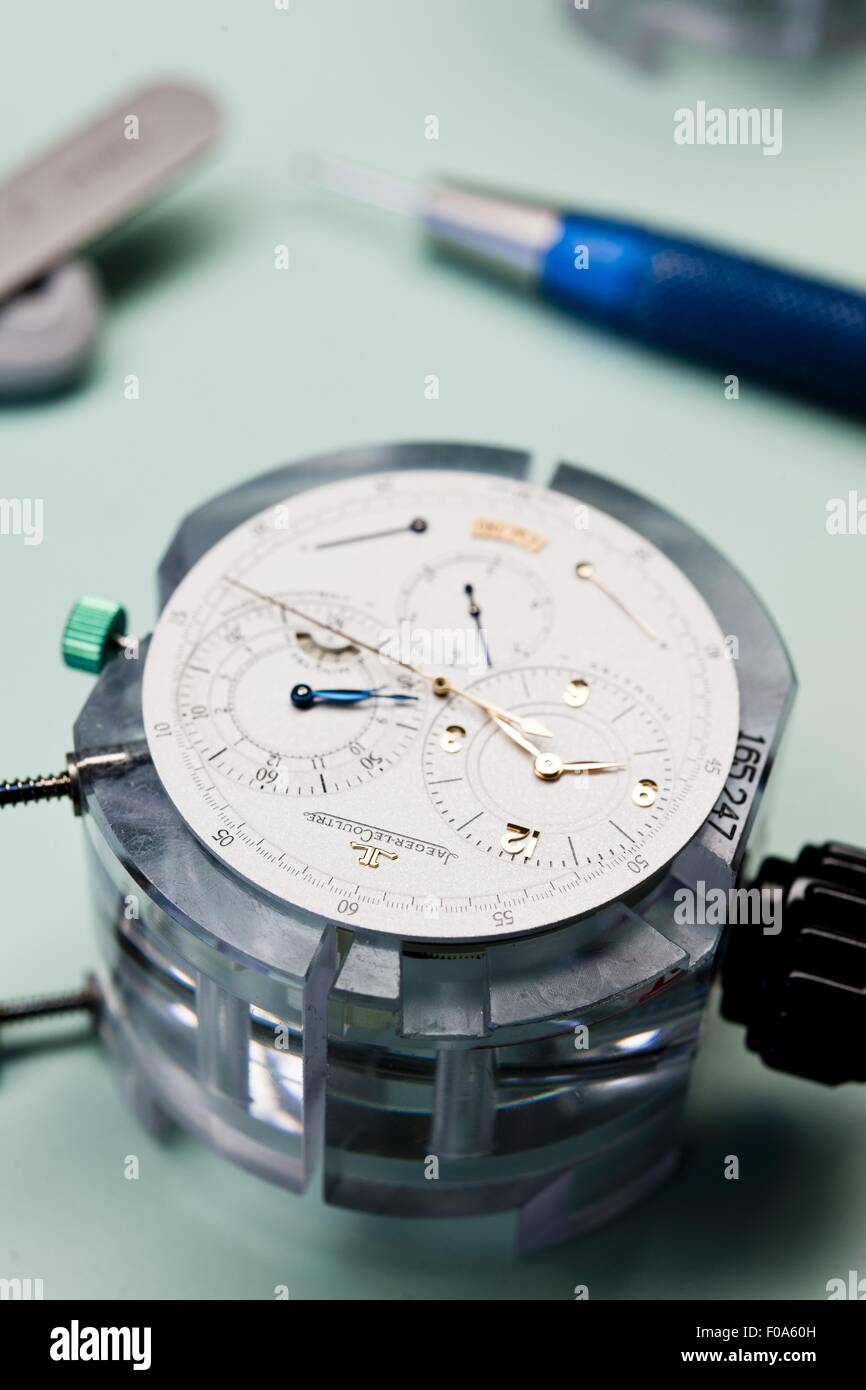 Close-up of wrist watch machine, Le Sentier, Vallee de Joux, Switzerland Stock Photo
