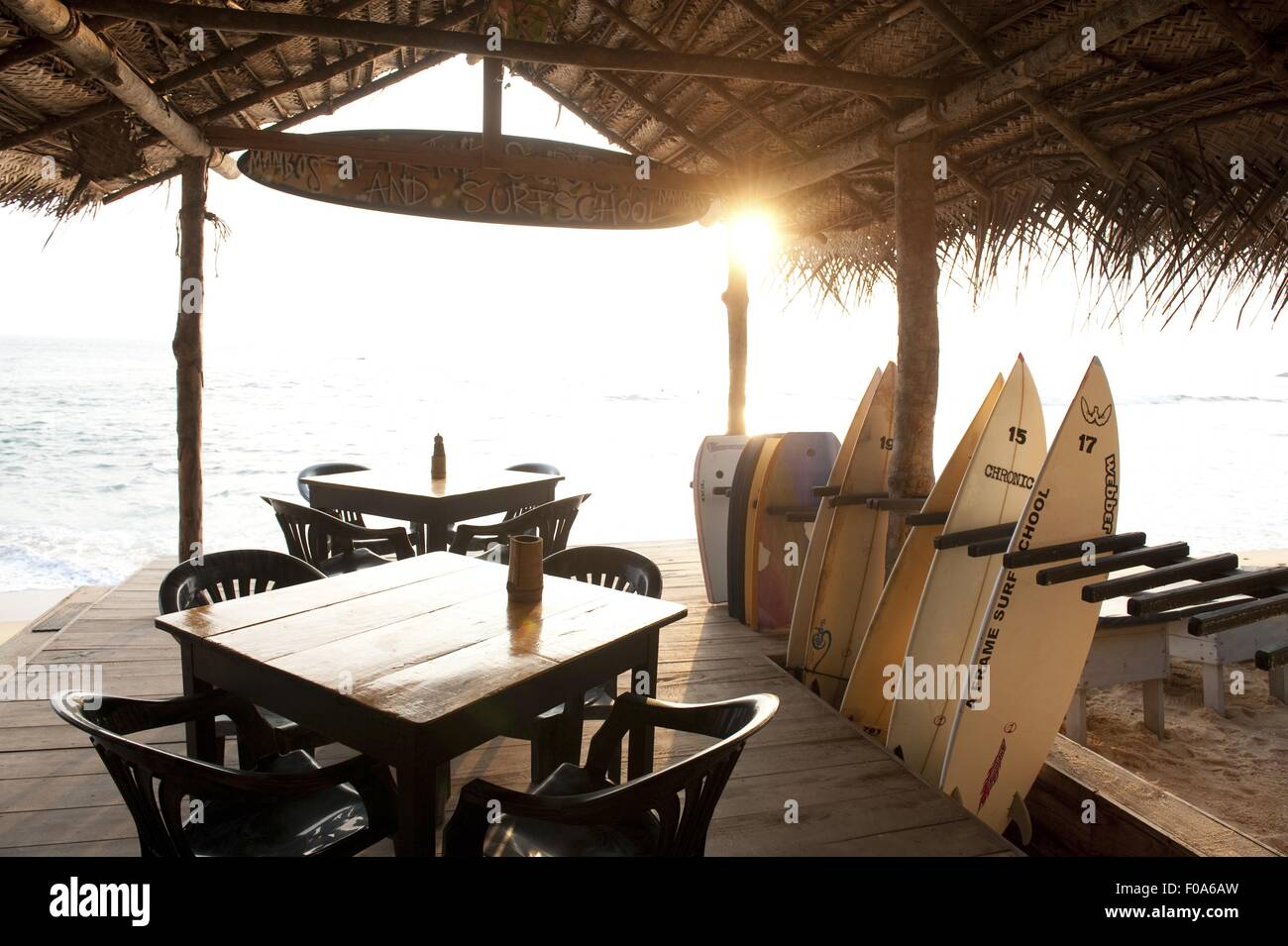 Mambo's Cafe and surfboards on Hikkaduwa beach, Sri Lanka Stock Photo