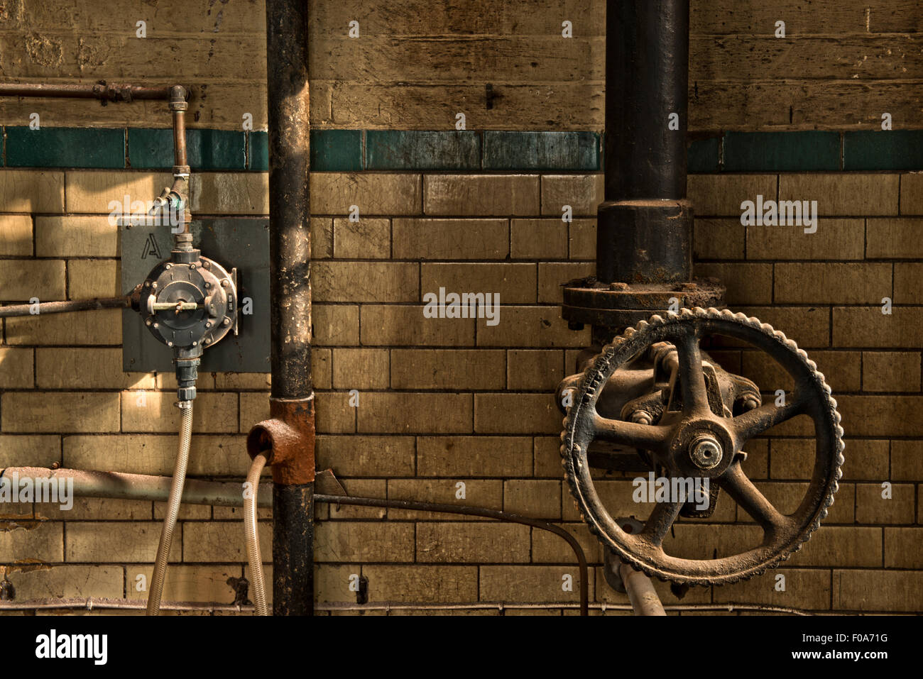 Valves and gages in Moseley Road Swimming Baths, Balsall Heath, Birmingham, UK Stock Photo