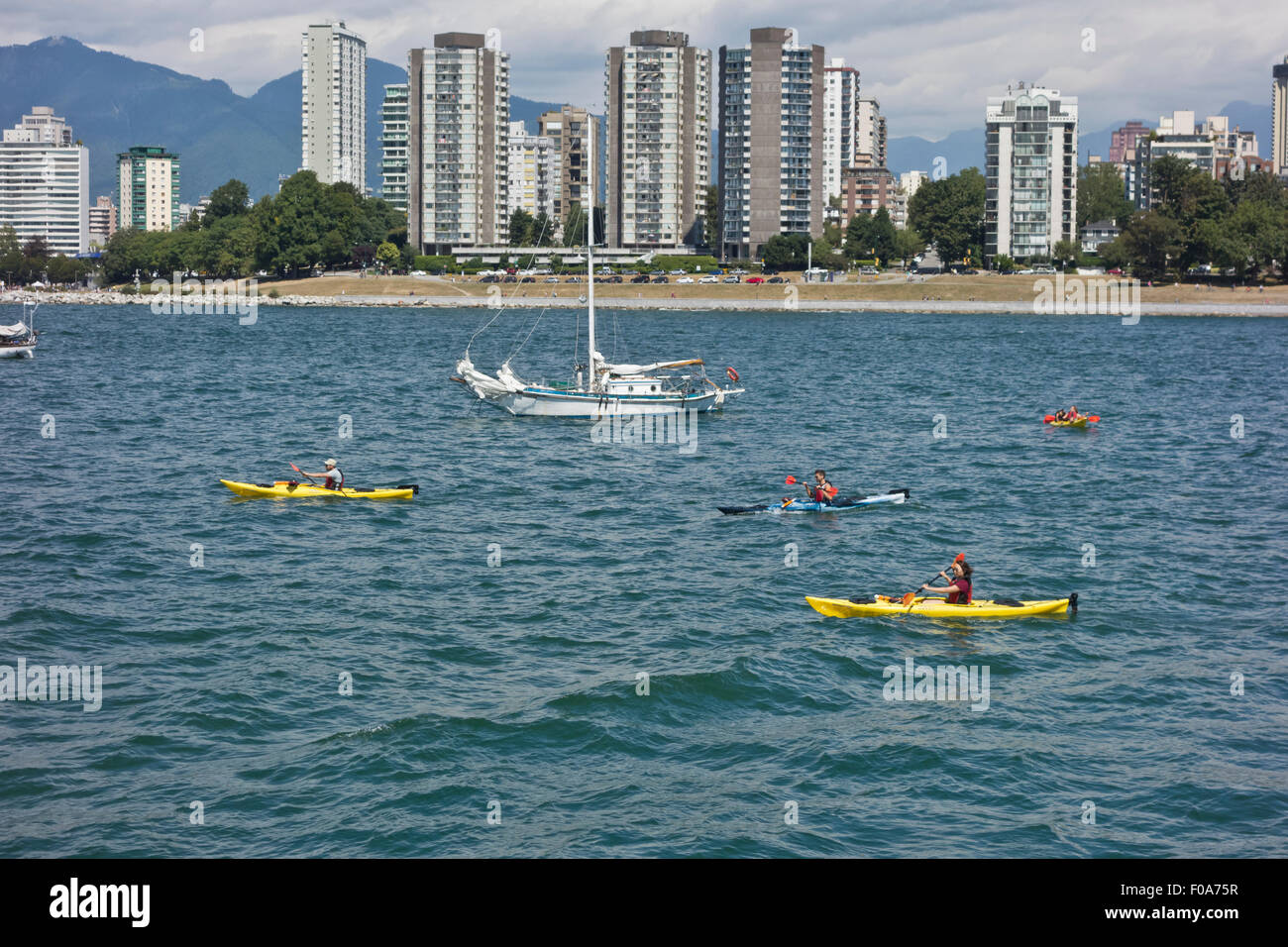 Several people in kayaks on the waters of False Creek in Vancouver, BC, Canada.  City buildings and Sunset Beach in the distance Stock Photo