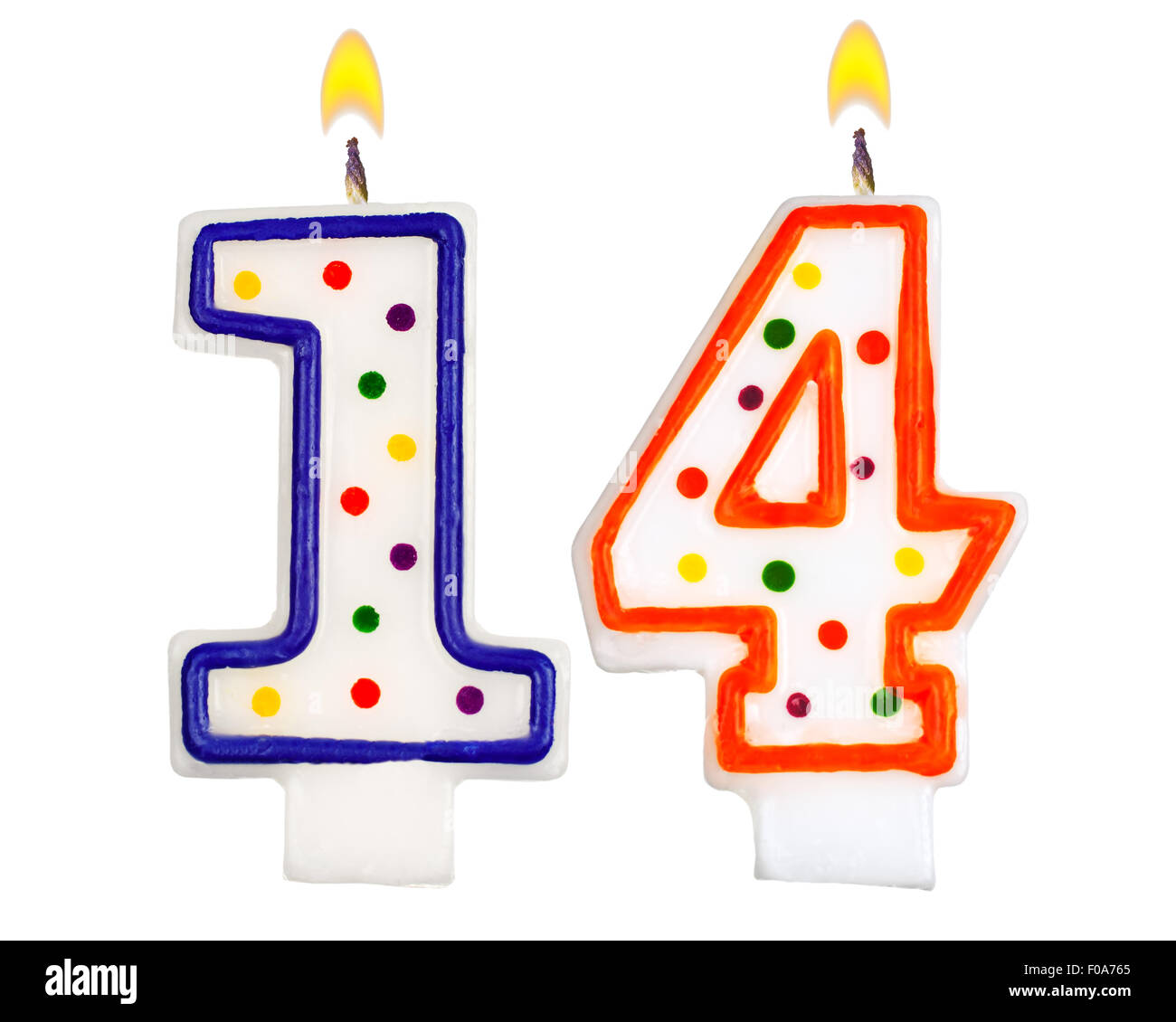 Birthday candles number fourteen isolated on white background Stock Photo
