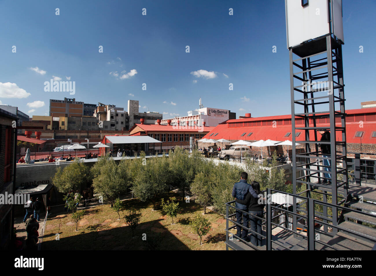 A view overlooking the garden at Arts on Main towards Main Street Life. Johannesburg CBD, Gauteng, South Africa Stock Photo