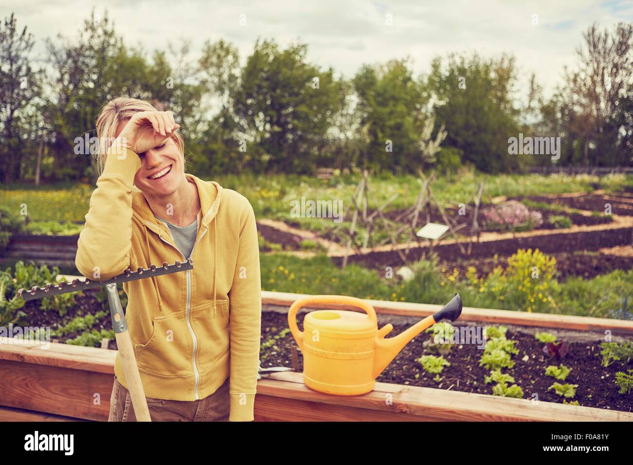 Mature woman, gardening, leaning on rake, laughing Stock Photo