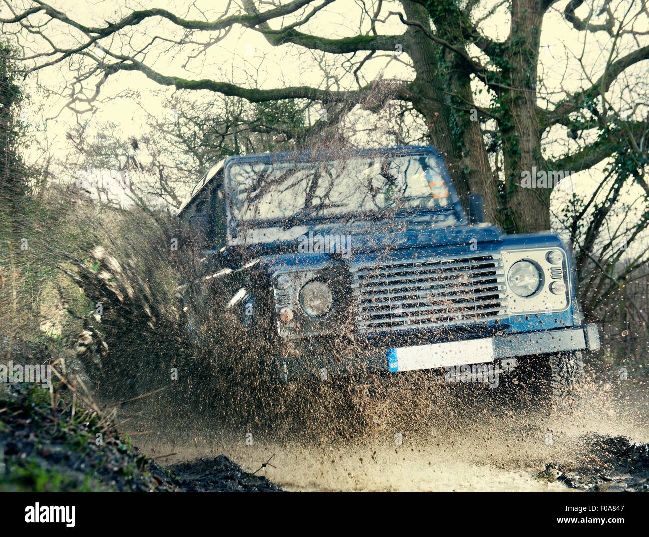 Off road vehicle driving through wet forest, Hampshire, England Stock Photo
