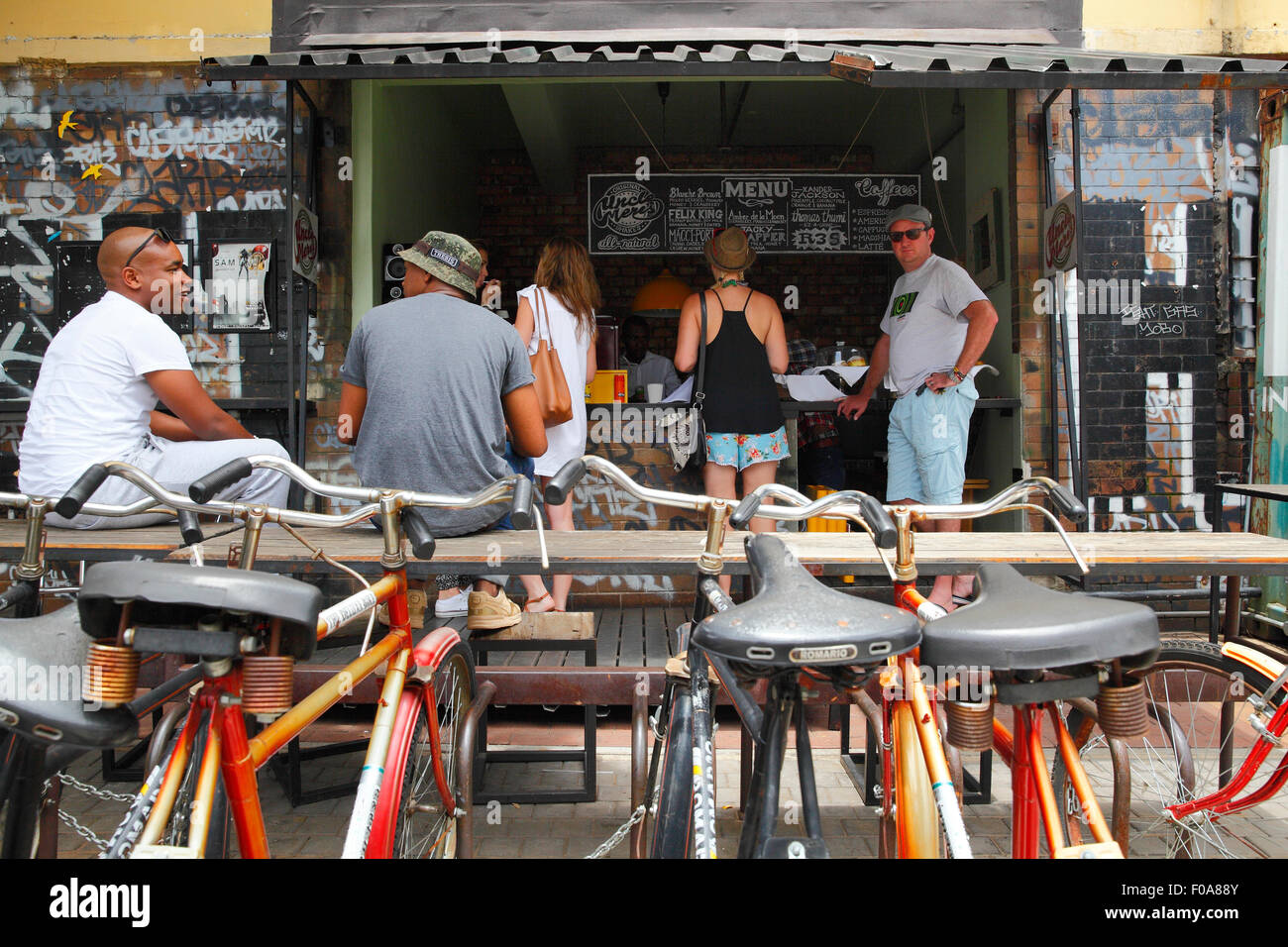 South Africa, Johannesburg, Maboneng Precinct. Bicycles for hire outside Arts on Main. Stock Photo