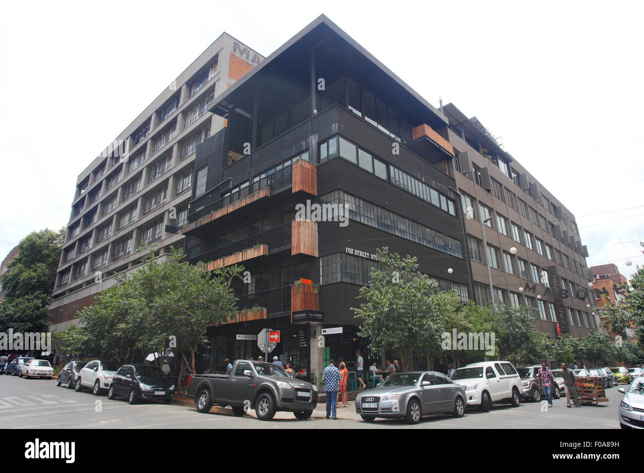 South Africa, Johannesburg, Main street life inner city redeveloped residential block designed to appeal to creative types. Stock Photo