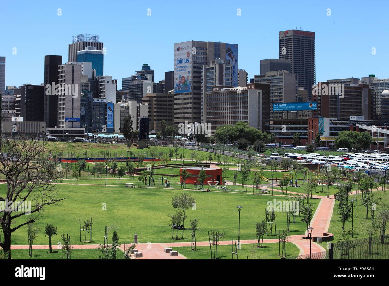 South Africa, Johannesburg. View from Joburg's first tour bus of the inner city CBD and park near Newtown. Stock Photo