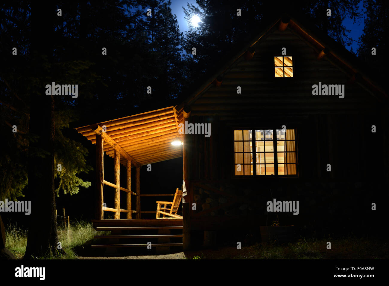 Minam River Lodge cabin on a moonlit night, Oregon Stock Photo - Alamy