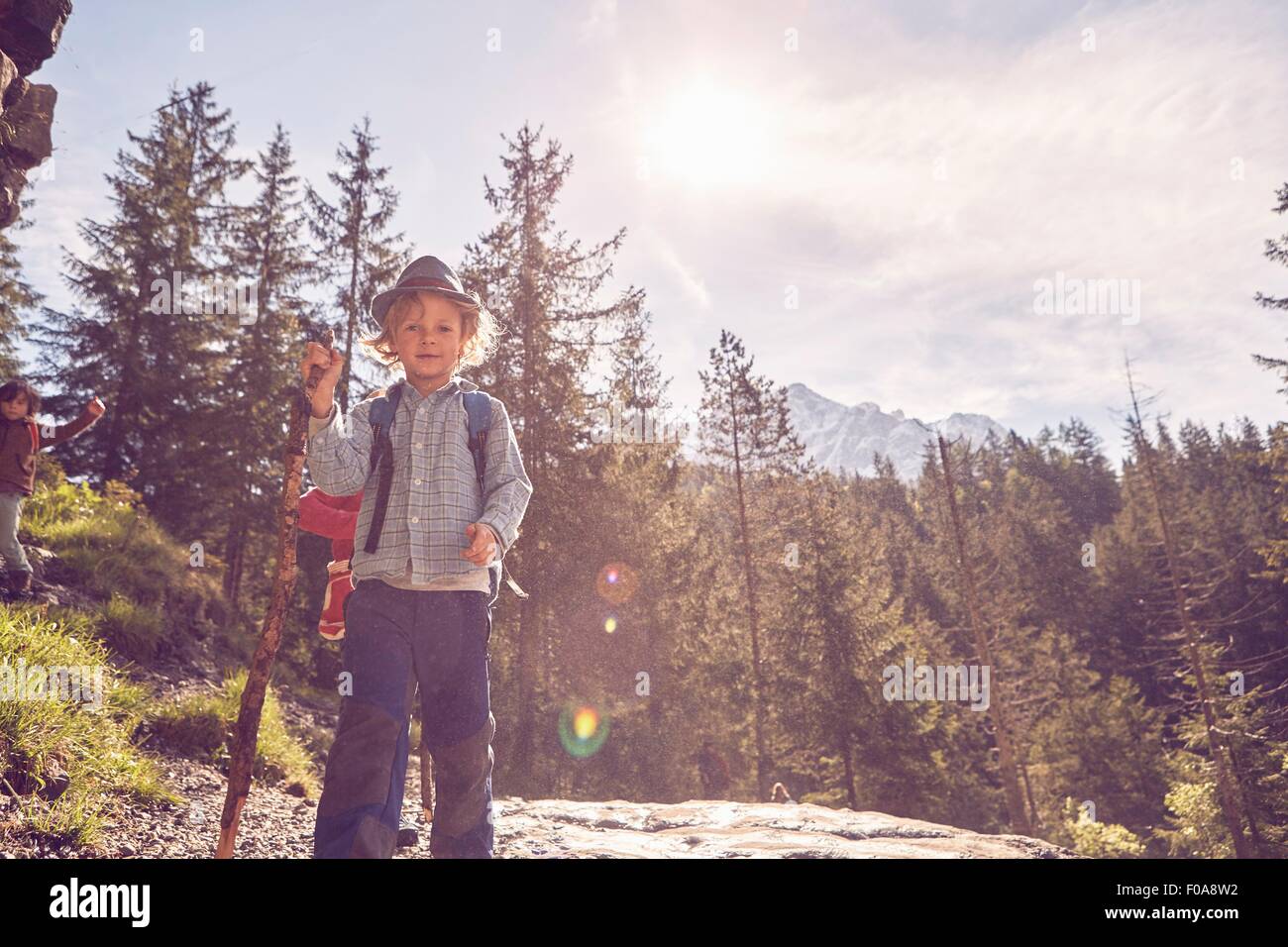 Portrait of young boy standing on rock, in forest Stock Photo