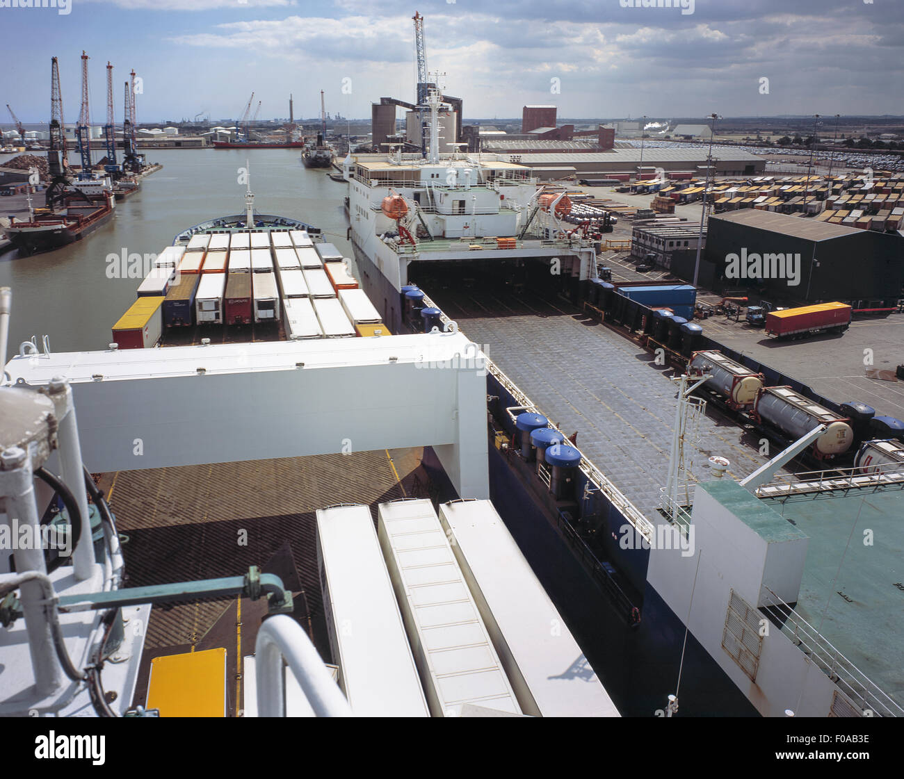 High angle view from roll on roll off ferry in port, Grimsby, England, United Kingdom Stock Photo