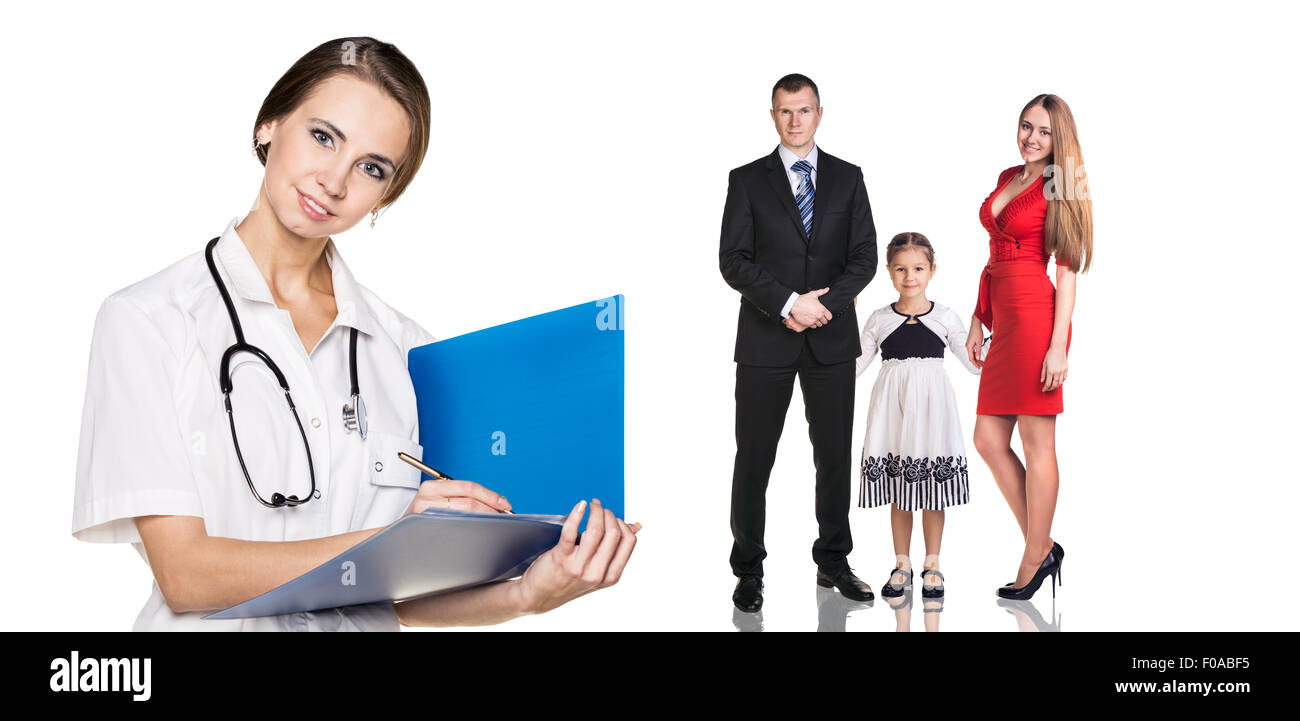 Beautiful female doctor with family patients on isolated background Stock Photo