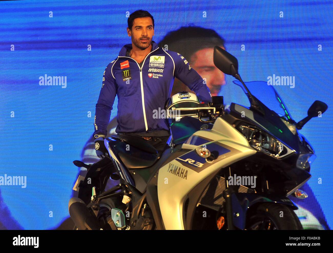 Uttar Pradesh, India. 11th Aug, 2015. Uttar Pradesh, India. 11th Aug, 2015. Bollywood Actor Johan Ebraiam, during the launching and another exciting offering of the YZF-R3 sports model. The grand India launch took place at the most suited racer's paradise, The Budhha International Circuit. The YZF – R3 will cost the Indian buyers Rs. 3, 25,000 and will be available at select authorized Yamaha dealerships in two exciting color schemes, the Racing Blue and Black Lightning. Credit:  PACIFIC PRESS/Alamy Live News Stock Photo