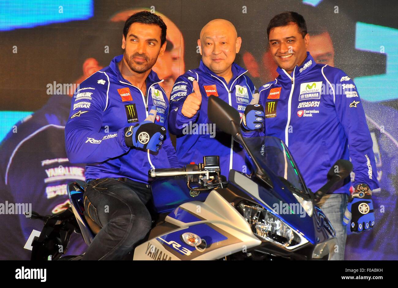Uttar Pradesh, India. 11th Aug, 2015. Uttar Pradesh, India. 11th Aug, 2015. Bollywood Actor Johan Ebraiam (left), during the launching and another exciting offering of the YZF-R3 sports model. The grand India launch took place at the most suited racer's paradise, The Budhha International Circuit. The YZF – R3 will cost the Indian buyers Rs. 3, 25,000 and will be available at select authorized Yamaha dealerships in two exciting color schemes, the Racing Blue and Black Lightning. Credit:  PACIFIC PRESS/Alamy Live News Stock Photo