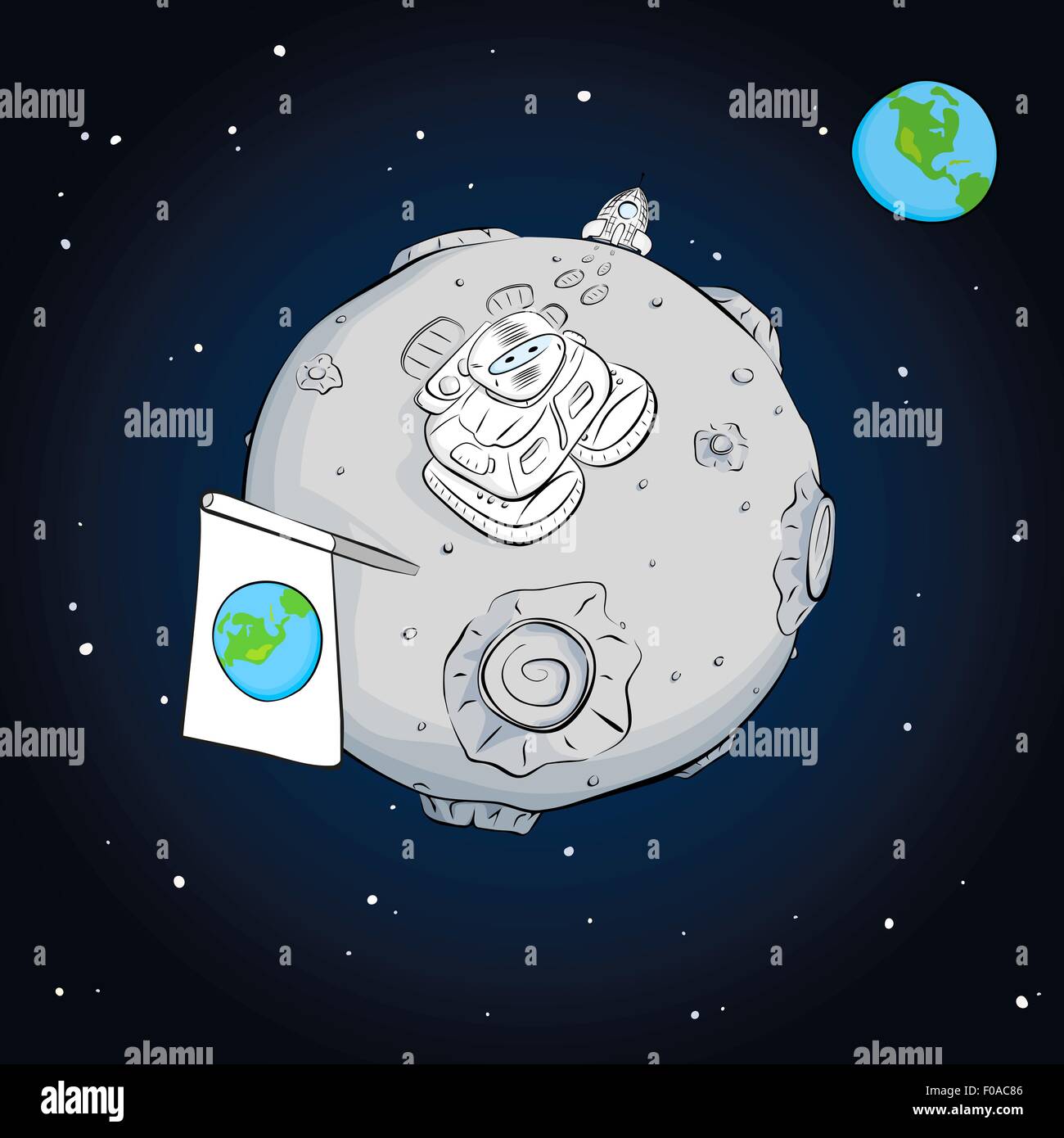 astronaut with flag on the moon Stock Vector