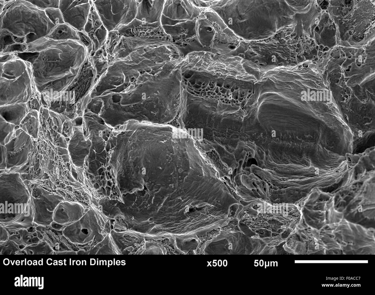 Cast Iron fractured surface. Dimple overload imaged in a scanning electron microscope Stock Photo