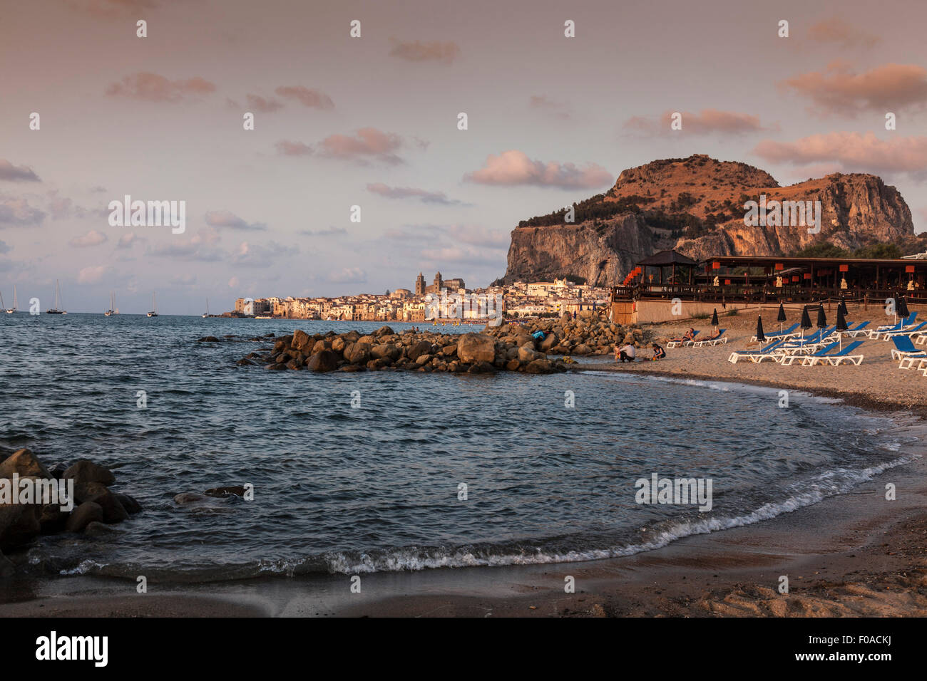Beach and Mediterranean sea, Cefalu, Palermo, Sicily, Italy Stock Photo