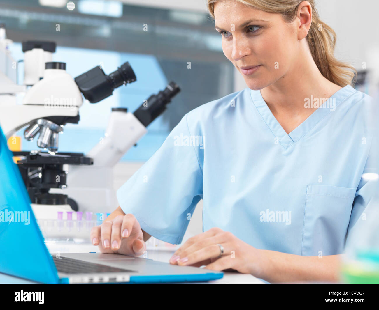 Medical scientist viewing patients test results on a computer Stock Photo