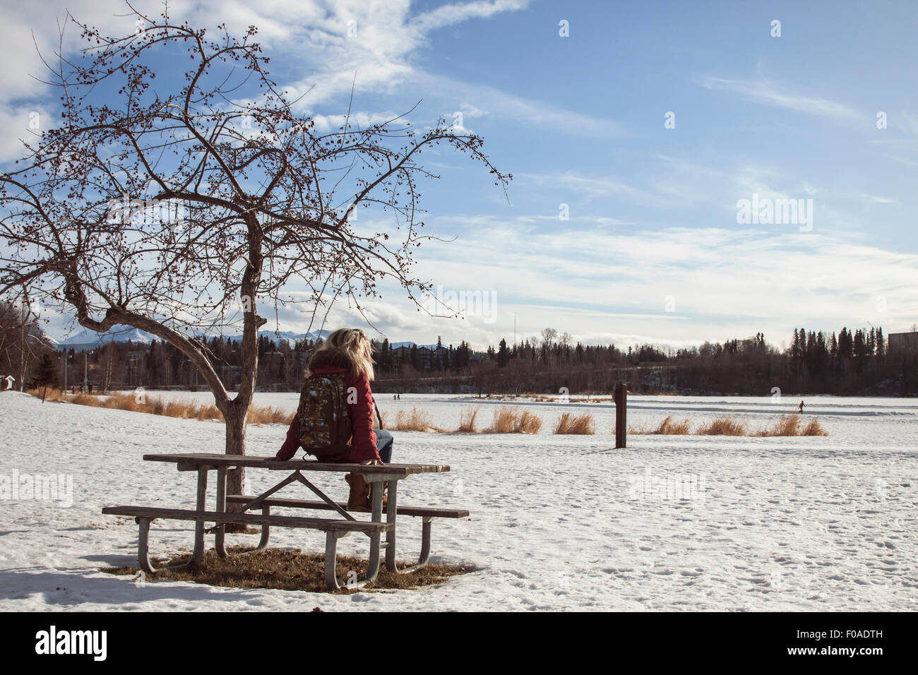 Young woman sitting on picnic bench, Anchorage, Alaska Stock Photo