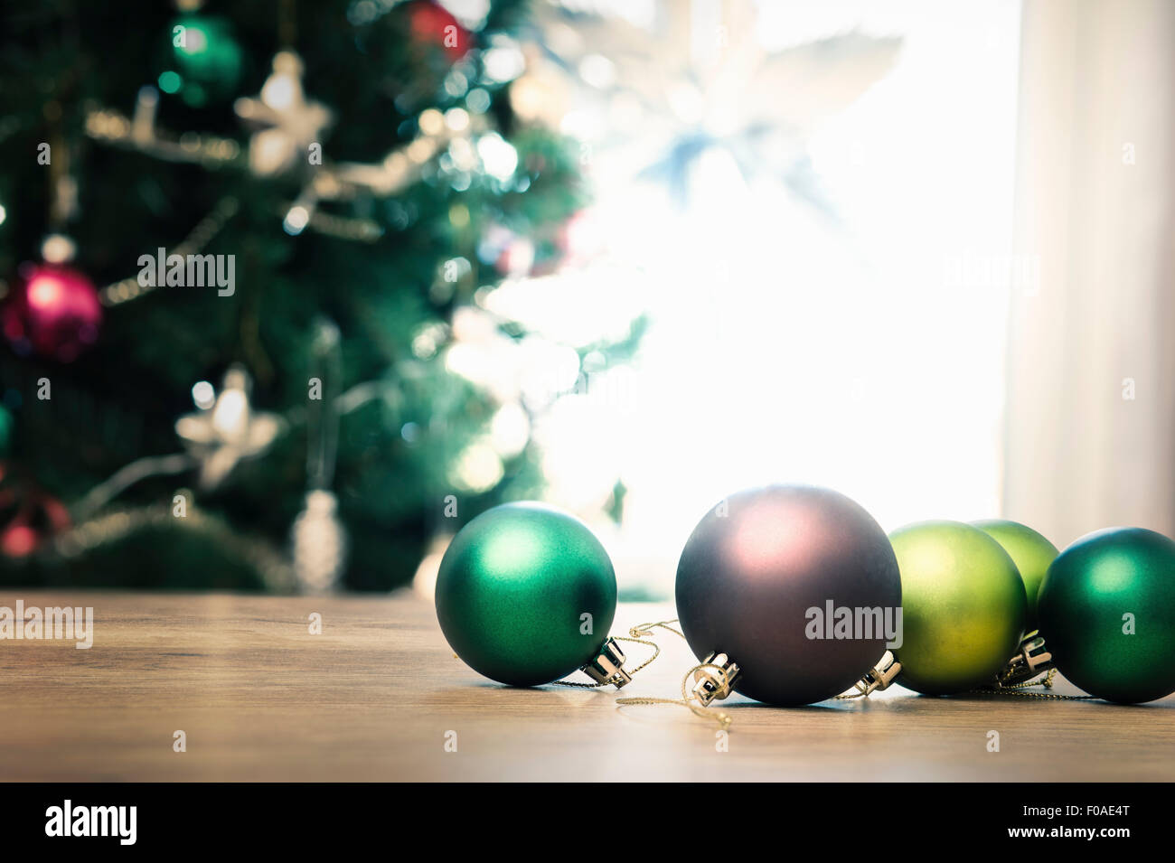 Christmas baubles on floor, close up Stock Photo