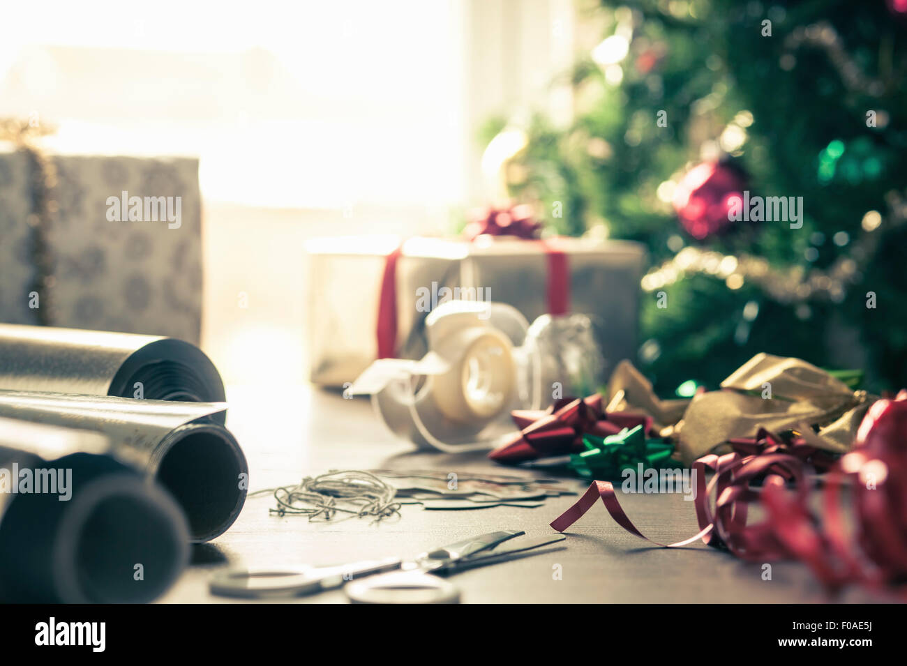 Christmas wrapping paper and ribbons Stock Photo