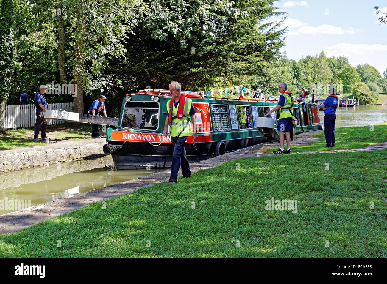 narrowboat entering lock on  Kennett and Avon Canal Stock Photo