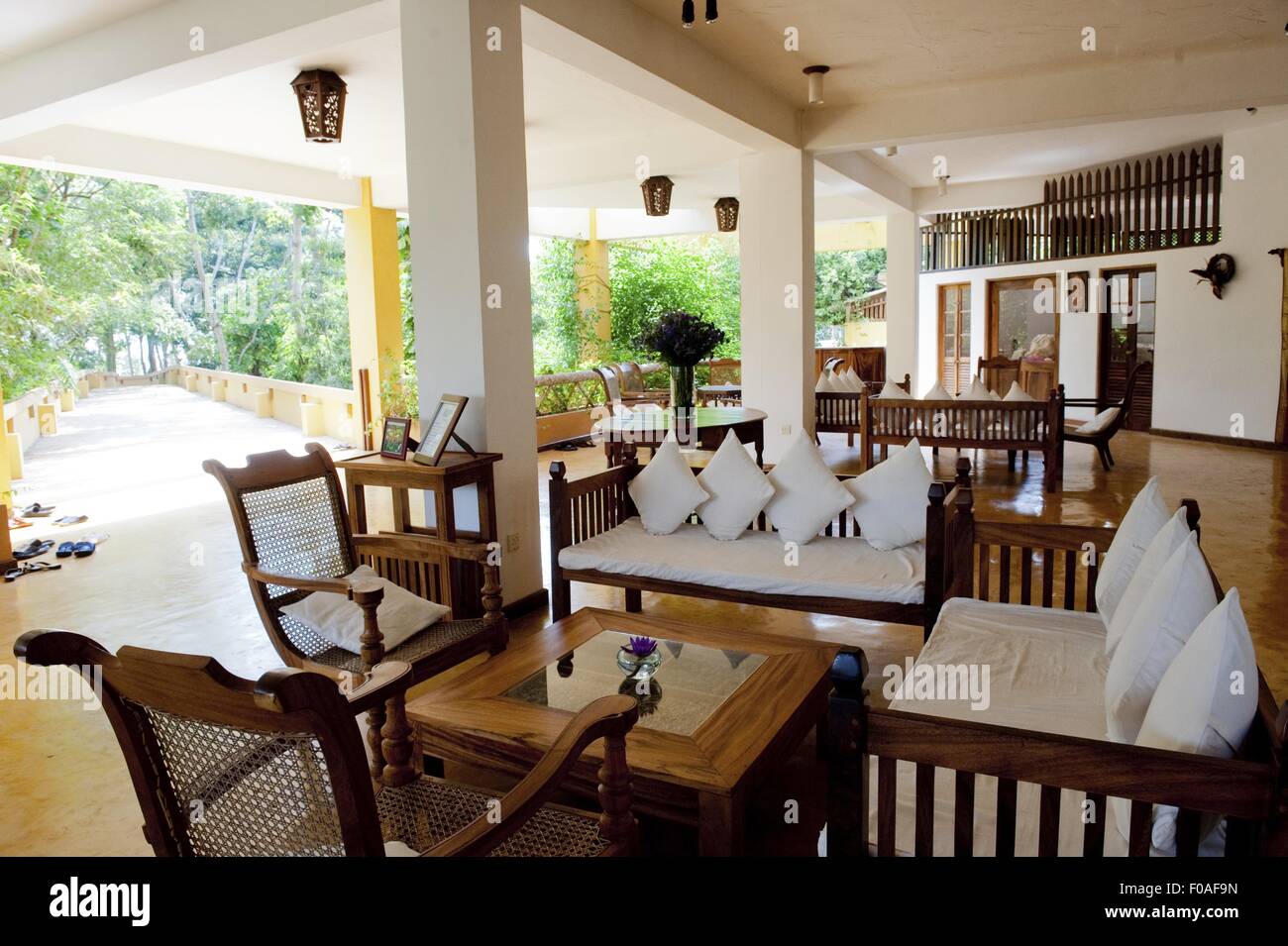 Table and chairs at Barberyn Reef Ayurveda Resort, Weligama, Sri Lanka Stock Photo