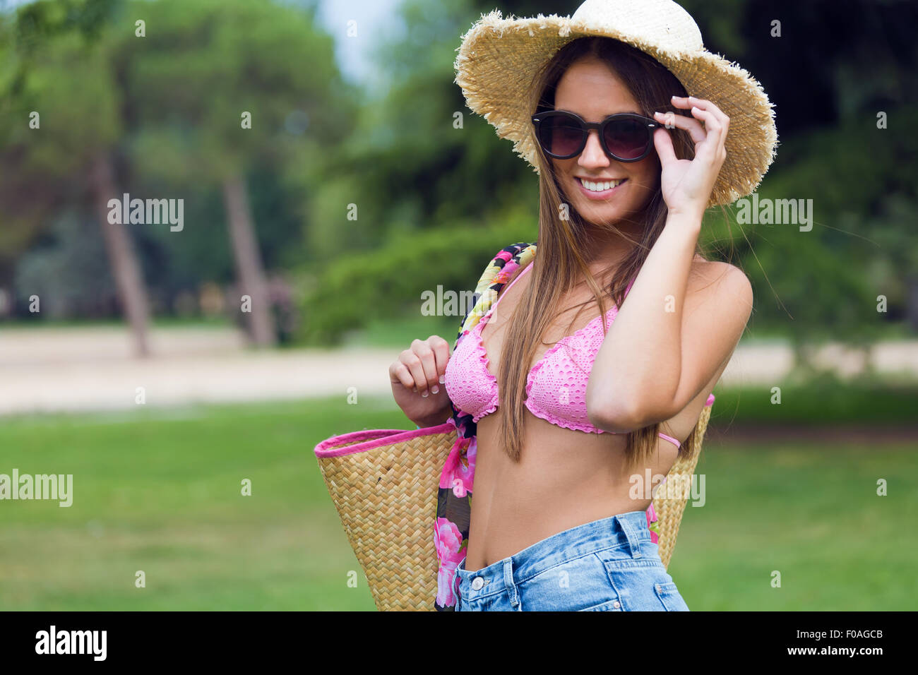 Outdoor portrait of Pretty spring woman in the garden Stock Photo