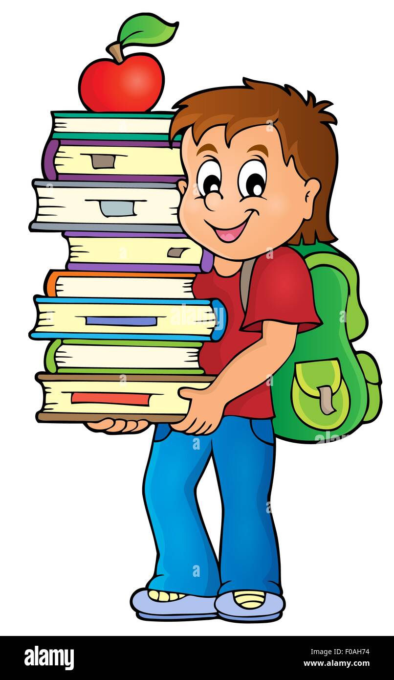 Boy holding books theme image 1 - picture illustration Stock Photo - Alamy