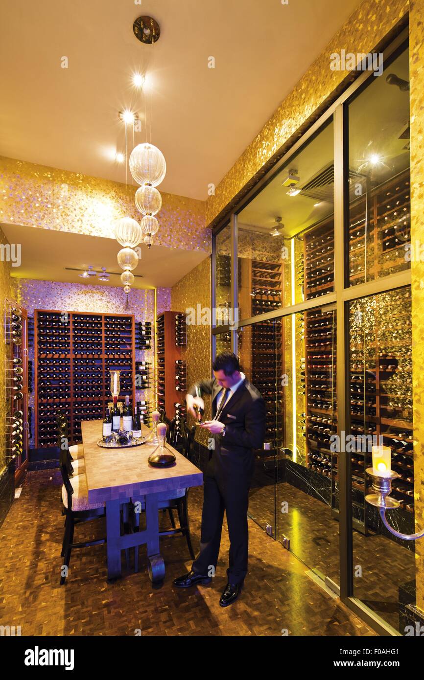 Man standing in wine cellar at Ciragan Palace Kempinski Hotel, Istanbul, Turkey Stock Photo