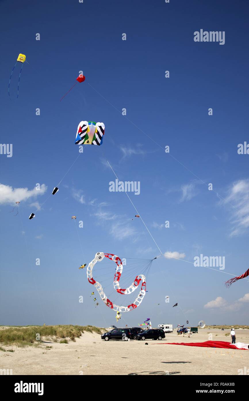 Multi-coloured flags in sky on kite festival at Fano beach, Denmark Stock  Photo - Alamy
