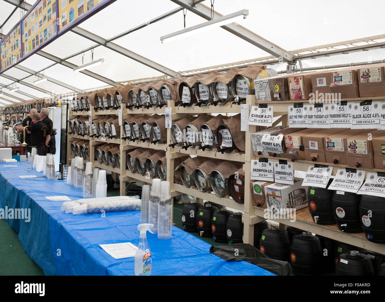 a range of beer and ciders for sale at a cider and real ale festival in Weston super mare Stock