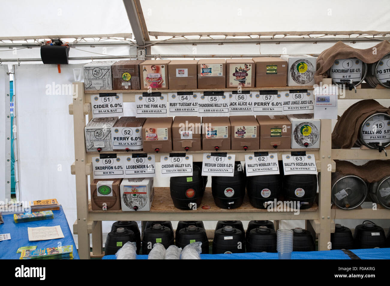 a range of ciders for sale at a cider and real ale festival in Weston super mare Stock Photo