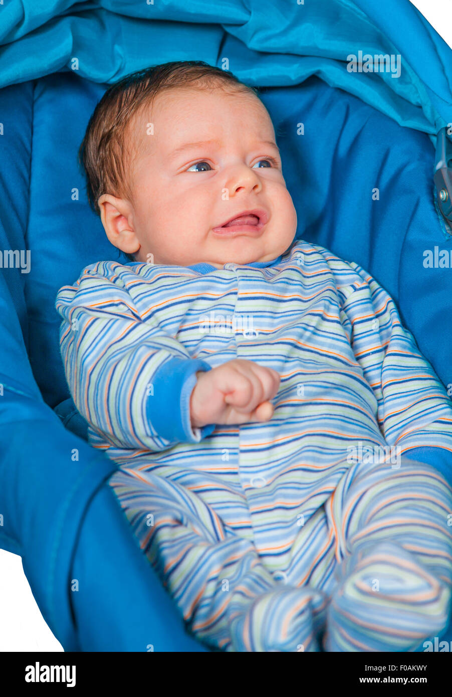 Portrait Of A 2 Months Old Baby Boy Sitting In A Safety Seat Stock Photo Alamy