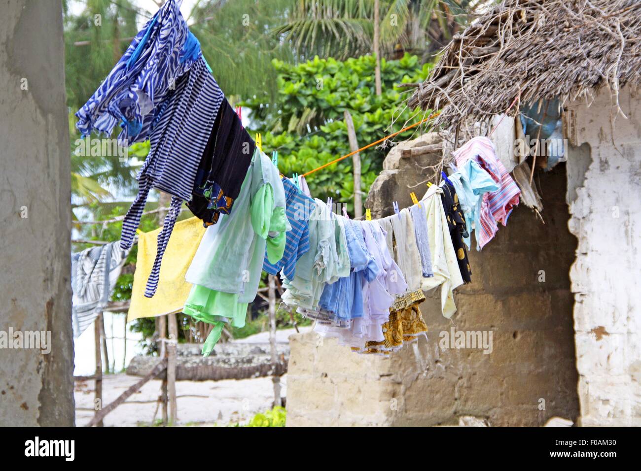 Clothes drying on rope in Zanzibar, Tanzania, East Africa Stock