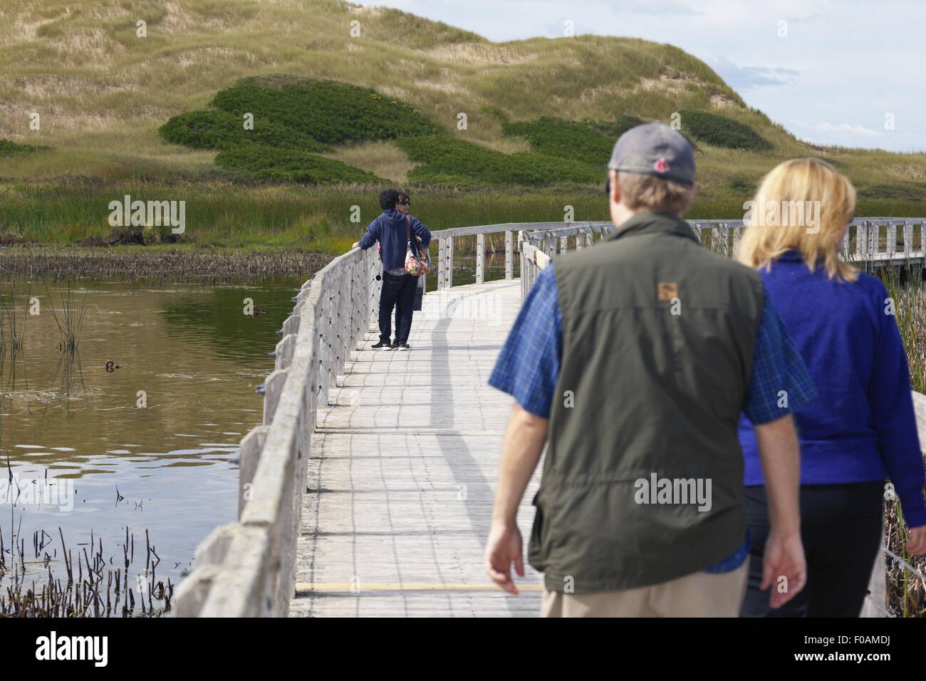 People walking on beach over marshy land, Prince Edward Island