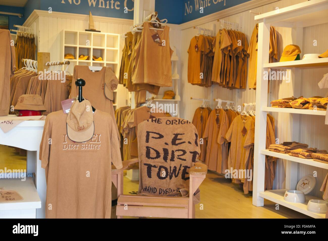 View of different Dirt Shirt in shop at Prince Edward Island, Charlottetown, Canada Stock Photo