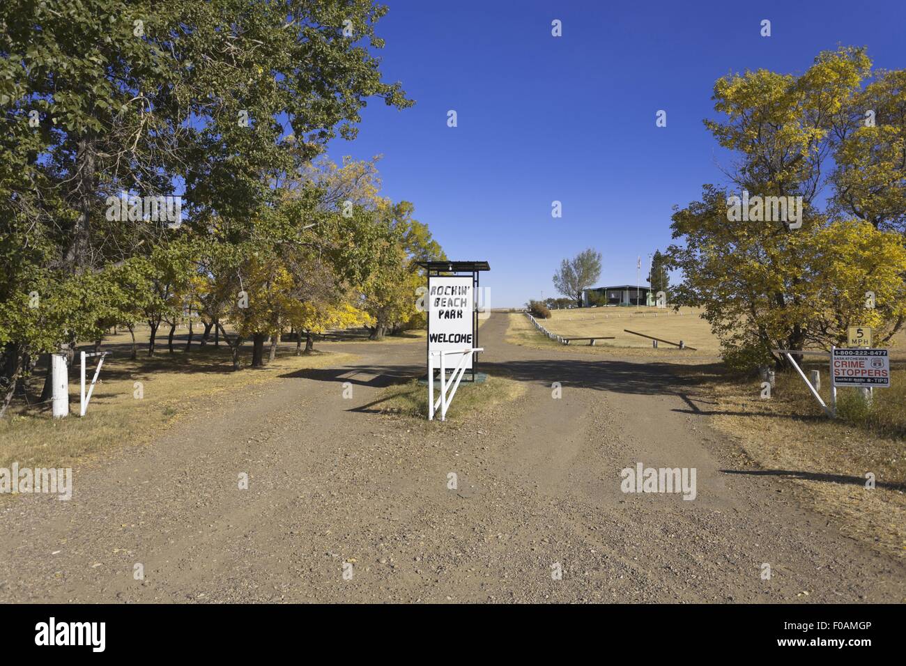 Entrance of Rockin Beach Park near Rockglen, Saskatchewan, Canada Stock
