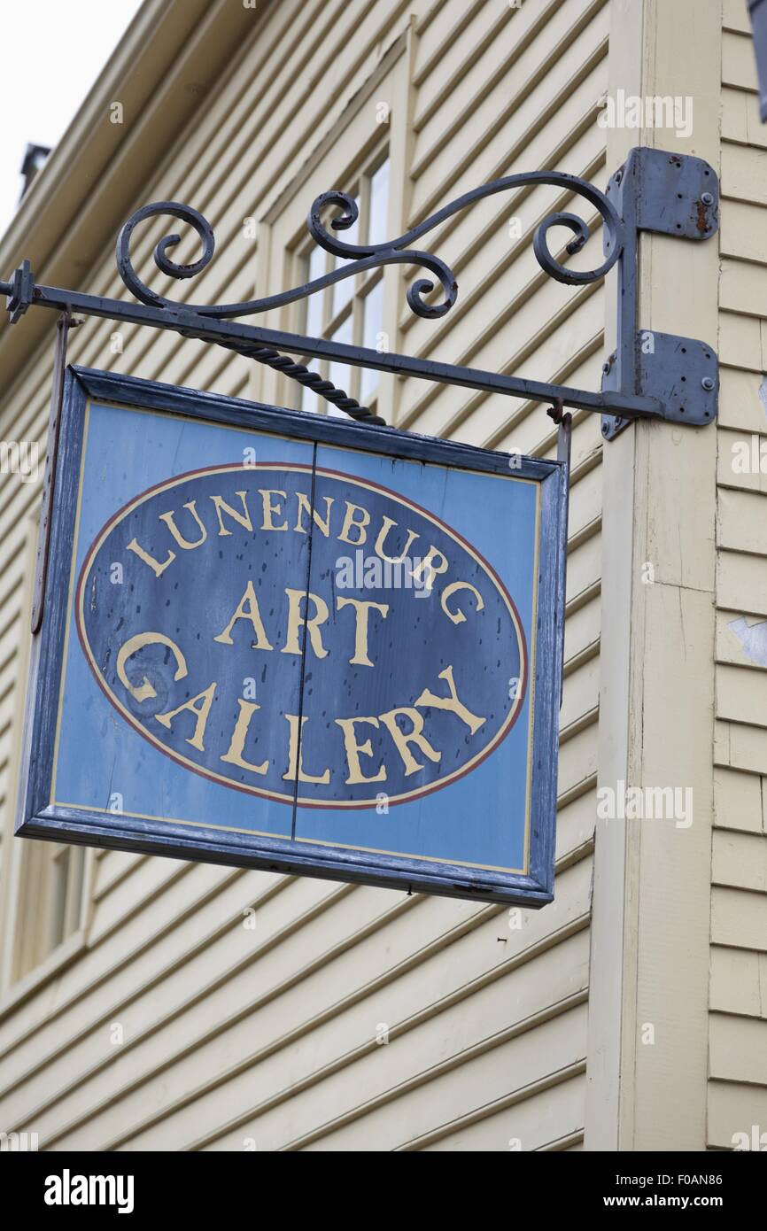 Low angle view of Lunenburg Art Gallery signboard, Nova Scotia, Canada ...